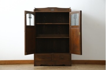 和製アンティーク　栓材　象嵌入り　趣のある佇まいが魅力的な結霜ガラス入りの本箱　(R-077956)