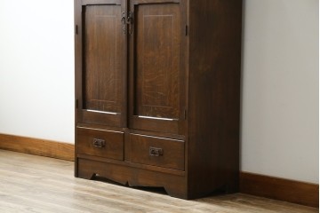 和製アンティーク　栓材　象嵌入り　趣のある佇まいが魅力的な結霜ガラス入りの本箱　(R-077956)