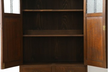 和製アンティーク　栓材　象嵌入り　趣のある佇まいが魅力的な結霜ガラス入りの本箱　(R-077956)