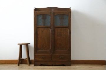 和製アンティーク　栓材　象嵌入り　趣のある佇まいが魅力的な結霜ガラス入りの本箱　(R-077956)