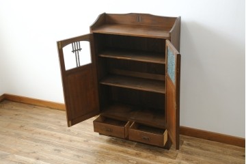 和製アンティーク　栓材　象嵌入り　趣のある佇まいが魅力的な結霜ガラス入りの本箱　(R-077956)