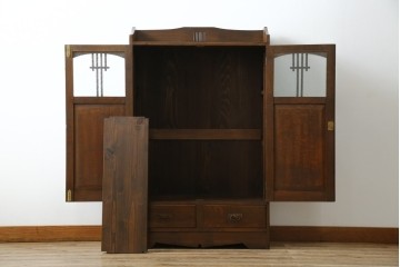 和製アンティーク　栓材　象嵌入り　趣のある佇まいが魅力的な結霜ガラス入りの本箱　(R-077956)