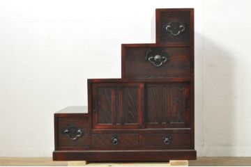 中古　アンティーク調　和のお部屋作りに取り入れやすい両面使いの小さな階段箪笥(和たんす、収納箪笥、引き出し)(R-077966)