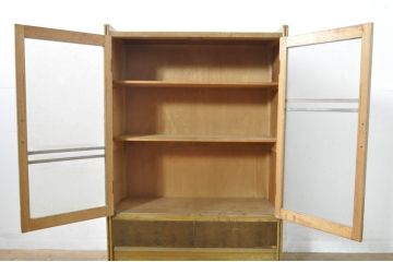 和製ビンテージ　昭和レトロな情緒を感じるすりガラスのブックケース(サイドキャビネット、戸棚、収納棚、食器棚、書棚、本棚、本箱、ヴィンテージ)(R-077967)