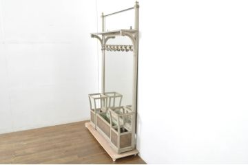 フランスアンティーク　美しい彫刻のシャビーなミラーバックホールスタンド(鏡、コートハンガー、ホールハンガー、ハンガーラック、傘立て、帽子掛け、洋服掛け、店舗什器)(R-077975)