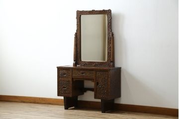 中古　美品!!　軽井沢彫り　咲き誇る桜の彫刻が華やかなドレッサー(鏡台、化粧台、ミラー)(R-078053)