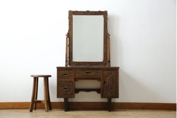 中古　美品!!　軽井沢彫り　咲き誇る桜の彫刻が華やかなドレッサー(鏡台、化粧台、ミラー)(R-078053)