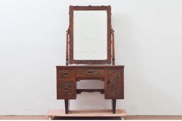 中古　美品!!　軽井沢彫り　咲き誇る桜の彫刻が華やかなドレッサー(鏡台、化粧台、ミラー)(R-078053)