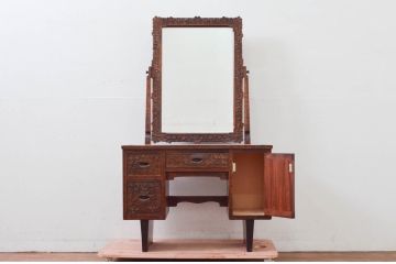 中古　美品!!　軽井沢彫り　咲き誇る桜の彫刻が華やかなドレッサー(鏡台、化粧台、ミラー)(R-078053)