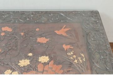 和製ビンテージ　最高級　総紫檀(シタン)彫刻　まるで美術品!!　置いてあるだけで存在感を放つ花鳥図と龍の総彫りが見事な座卓(ローテーブル、センターテーブル)(定価約170万円)(R-078065)