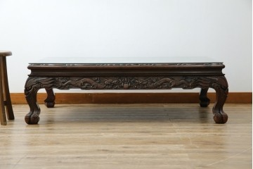 和製ヴィンテージ　最高級　総紫檀(シタン)彫刻　まるで美術品!!　置いてあるだけで存在感を放つ花鳥図と龍の総彫りが見事な座卓　定価約170万円　(R-078065)