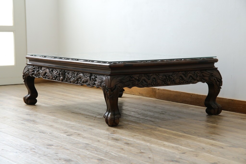 和製ヴィンテージ　最高級　総紫檀(シタン)彫刻　まるで美術品!!　置いてあるだけで存在感を放つ花鳥図と龍の総彫りが見事な座卓　定価約170万円　(R-078065)