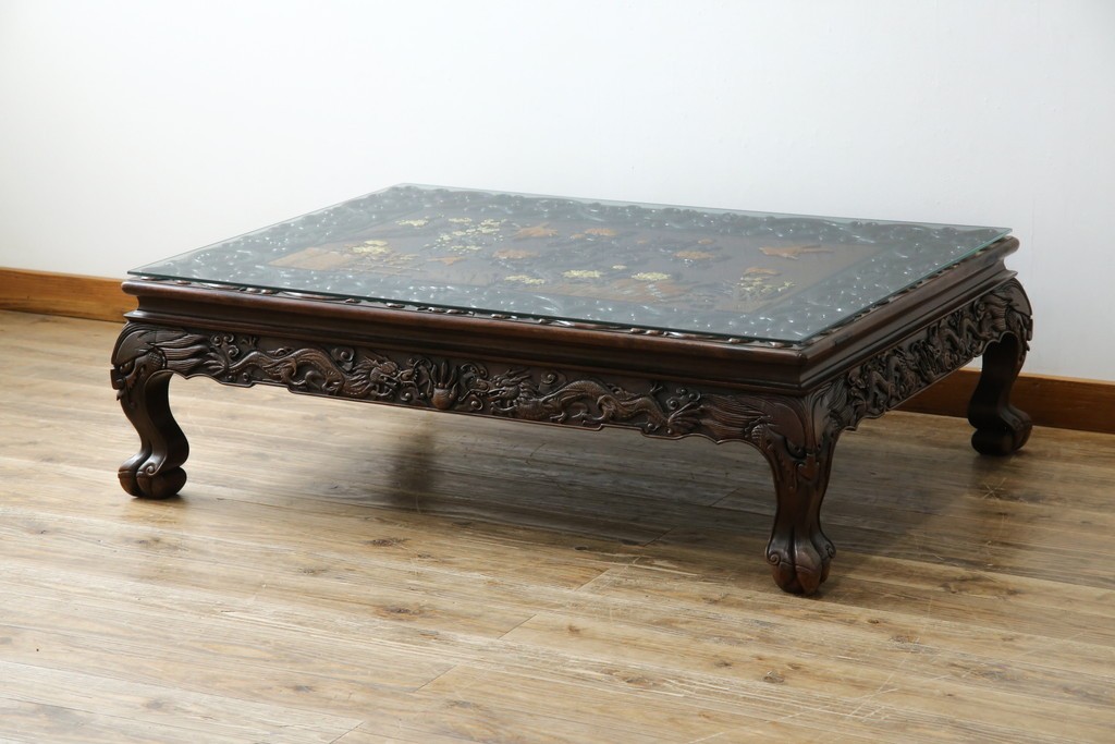 和製ヴィンテージ　最高級　総紫檀(シタン)彫刻　まるで美術品!!　置いてあるだけで存在感を放つ花鳥図と龍の総彫りが見事な座卓　定価約170万円　(R-078065)