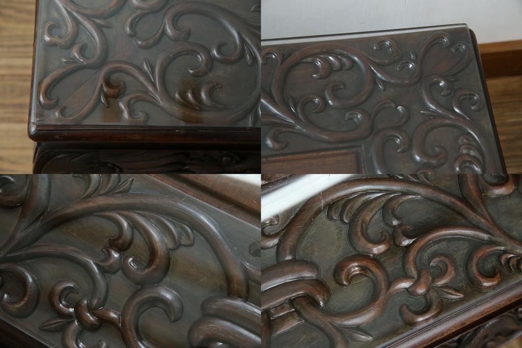 和製ヴィンテージ　最高級　総紫檀(シタン)彫刻　まるで美術品!!　置いてあるだけで存在感を放つ花鳥図と龍の総彫りが見事な座卓　定価約170万円　(R-078065)