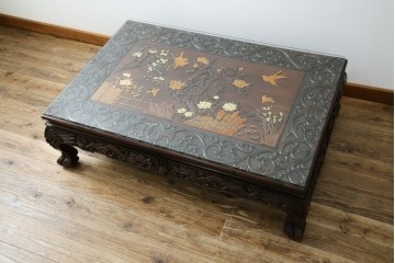 和製ヴィンテージ　最高級　総紫檀(シタン)彫刻　まるで美術品!!　置いてあるだけで存在感を放つ花鳥図と龍の総彫りが見事な座卓　定価約170万円　(R-078065)