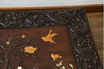 和製ヴィンテージ　最高級　総紫檀(シタン)彫刻　まるで美術品!!　置いてあるだけで存在感を放つ花鳥図と龍の総彫りが見事な座卓　定価約170万円　(R-078065)