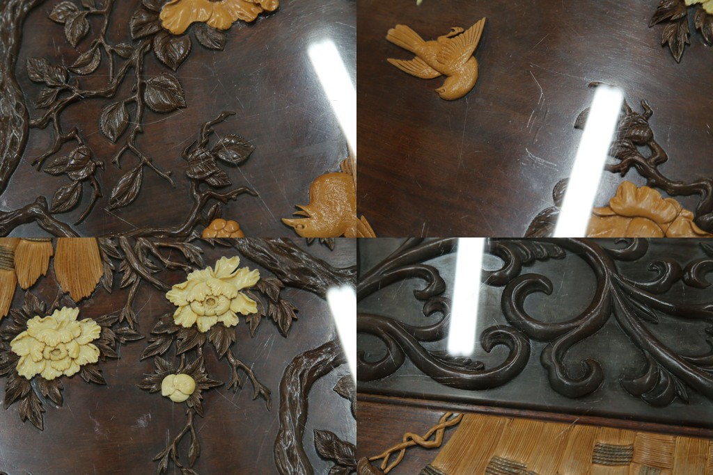 和製ヴィンテージ　最高級　総紫檀(シタン)彫刻　まるで美術品!!　置いてあるだけで存在感を放つ花鳥図と龍の総彫りが見事な座卓　定価約170万円　(R-078065)