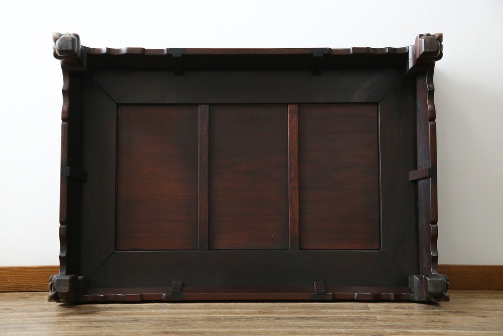 和製ヴィンテージ　最高級　総紫檀(シタン)彫刻　まるで美術品!!　置いてあるだけで存在感を放つ花鳥図と龍の総彫りが見事な座卓　定価約170万円　(R-078065)