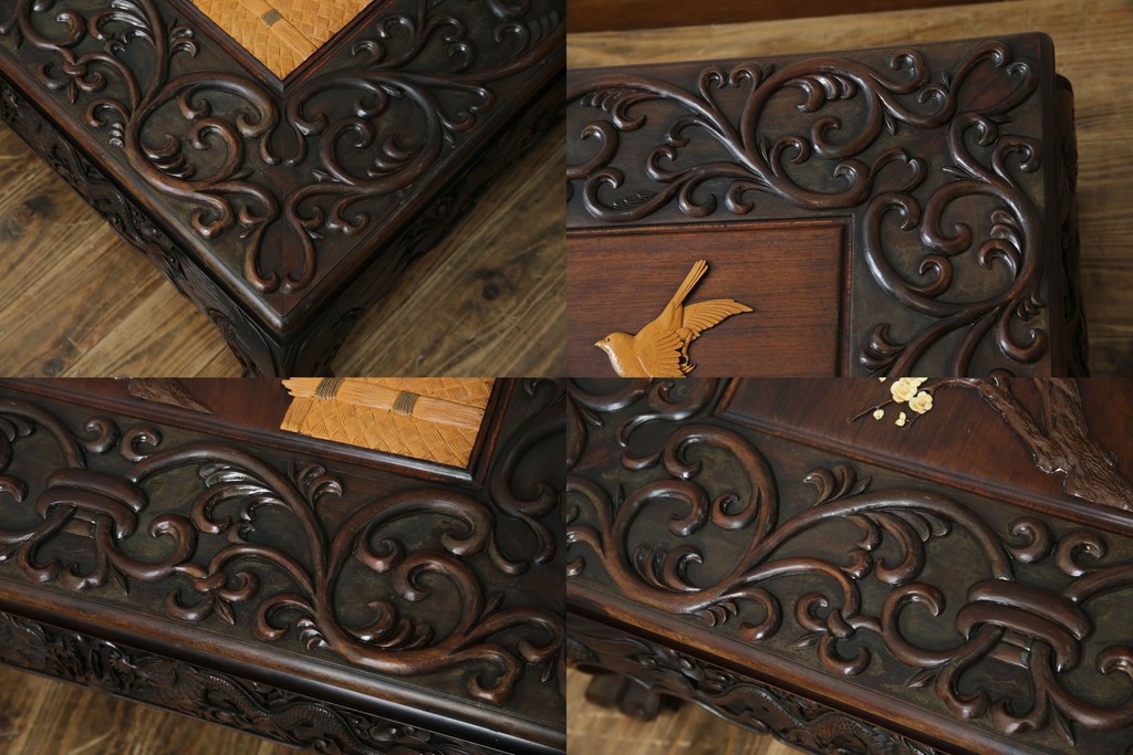 和製ヴィンテージ　最高級　総紫檀(シタン)彫刻　まるで美術品!!　置いてあるだけで存在感を放つ花鳥図と龍の総彫りが見事な座卓　定価約170万円　(R-078065)