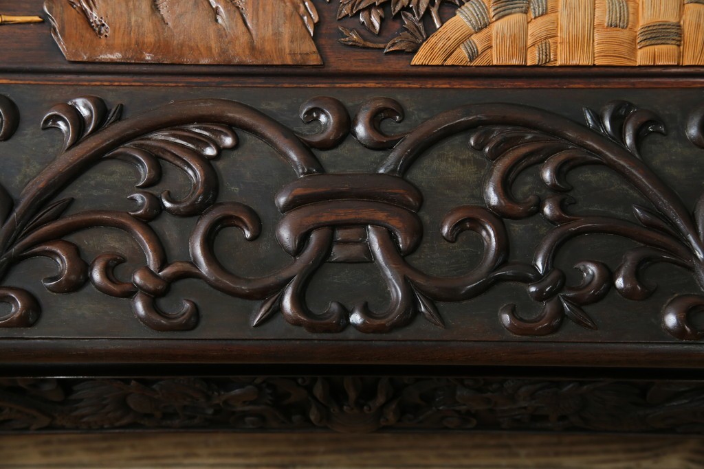 和製ヴィンテージ　最高級　総紫檀(シタン)彫刻　まるで美術品!!　置いてあるだけで存在感を放つ花鳥図と龍の総彫りが見事な座卓　定価約170万円　(R-078065)