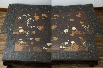 和製ヴィンテージ　最高級　総紫檀(シタン)彫刻　まるで美術品!!　置いてあるだけで存在感を放つ花鳥図と龍の総彫りが見事な座卓　定価約170万円　(R-078065)