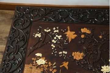 和製ヴィンテージ　最高級　総紫檀(シタン)彫刻　まるで美術品!!　置いてあるだけで存在感を放つ花鳥図と龍の総彫りが見事な座卓　定価約170万円　(R-078065)