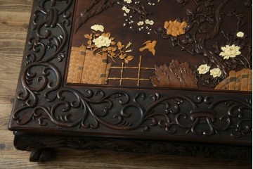 和製ヴィンテージ　最高級　総紫檀(シタン)彫刻　まるで美術品!!　置いてあるだけで存在感を放つ花鳥図と龍の総彫りが見事な座卓　定価約170万円　(R-078065)