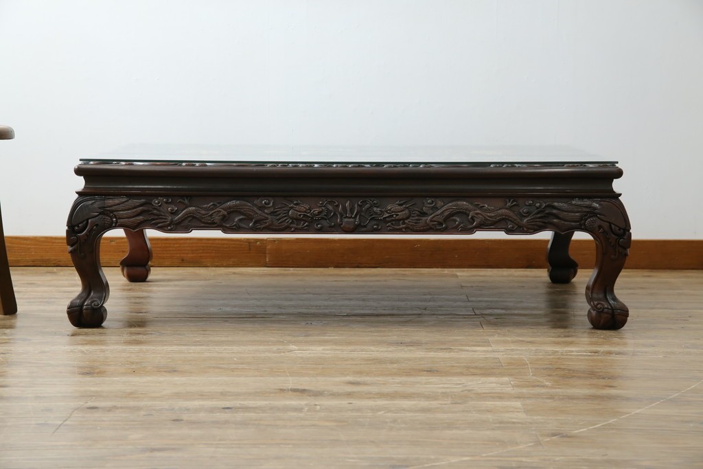 和製ヴィンテージ　最高級　総紫檀(シタン)彫刻　まるで美術品!!　置いてあるだけで存在感を放つ花鳥図と龍の総彫りが見事な座卓　定価約170万円　(R-078065)