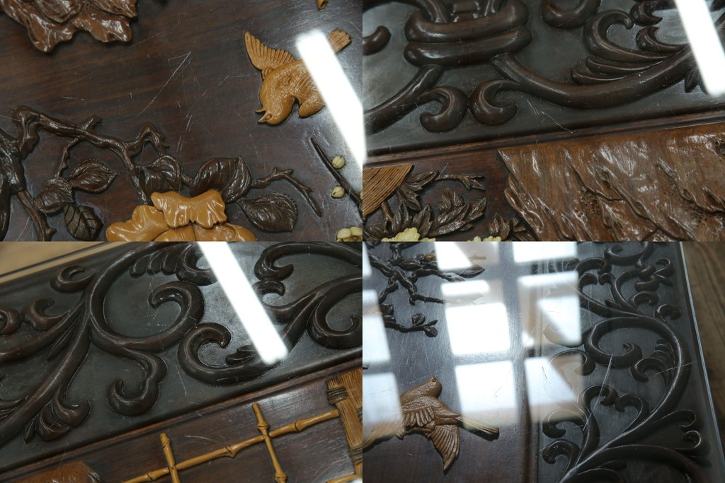 和製ヴィンテージ　最高級　総紫檀(シタン)彫刻　まるで美術品!!　置いてあるだけで存在感を放つ花鳥図と龍の総彫りが見事な座卓　定価約170万円　(R-078065)