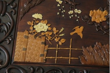 和製ヴィンテージ　最高級　総紫檀(シタン)彫刻　まるで美術品!!　置いてあるだけで存在感を放つ花鳥図と龍の総彫りが見事な座卓　定価約170万円　(R-078065)