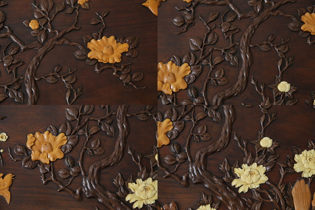 和製ヴィンテージ　最高級　総紫檀(シタン)彫刻　まるで美術品!!　置いてあるだけで存在感を放つ花鳥図と龍の総彫りが見事な座卓　定価約170万円　(R-078065)