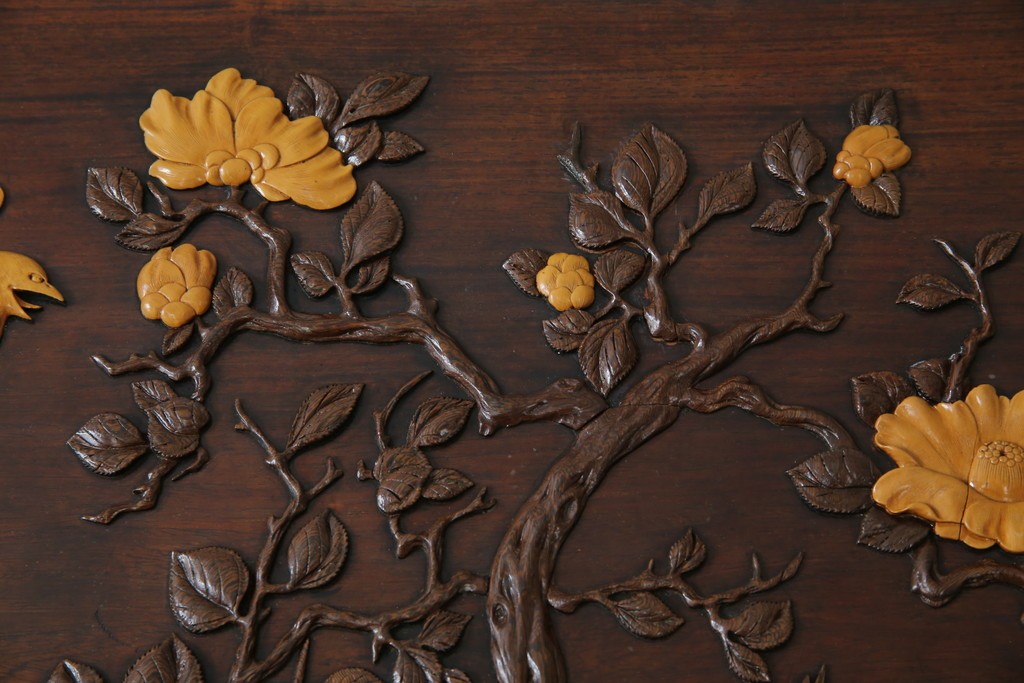 和製ヴィンテージ　最高級　総紫檀(シタン)彫刻　まるで美術品!!　置いてあるだけで存在感を放つ花鳥図と龍の総彫りが見事な座卓　定価約170万円　(R-078065)