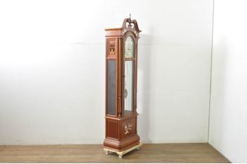 中古　美品　花梨(カリン)材　細やかな装飾が美しいホールクロック(時計台、振り子時計、分銅式、振り子付き)(R-078089)