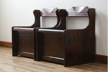 中古　美品　山室家具製作所　民芸家具　北の匠　木のぬくもりを感じる収納付きベンチ2脚セット(板座チェア、椅子、イス、バラ売り可能)(R-078101)