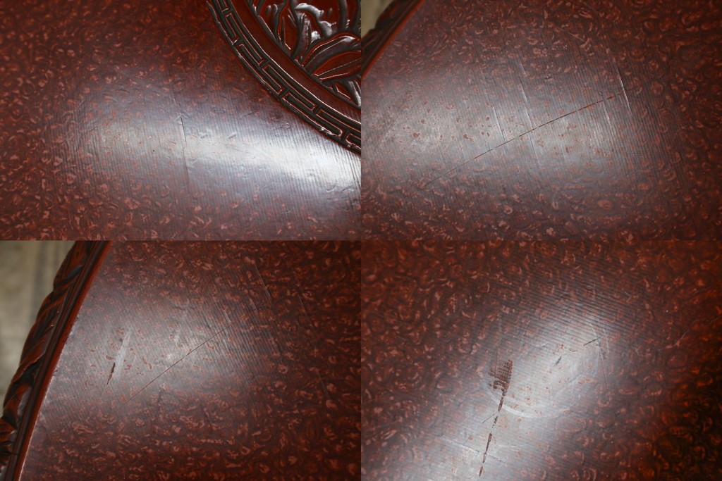 和製アンティーク　民芸家具　朱塗り　細やかな彫刻が目を引くアクセントになる円卓　(R-078104)