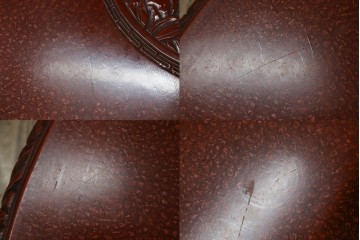 和製アンティーク　民芸家具　朱塗り　細やかな彫刻が目を引くアクセントになる円卓　(R-078104)