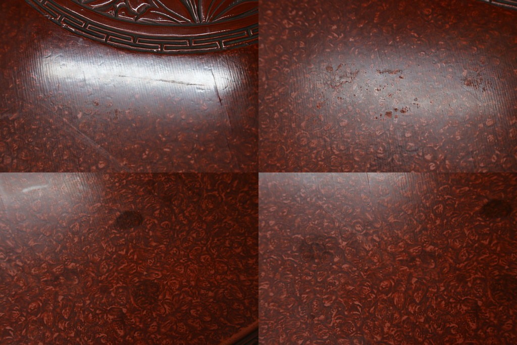 和製アンティーク　民芸家具　朱塗り　細やかな彫刻が目を引くアクセントになる円卓　(R-078104)