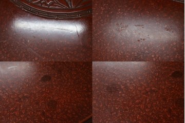和製アンティーク　民芸家具　朱塗り　細やかな彫刻が目を引くアクセントになる円卓　(R-078104)