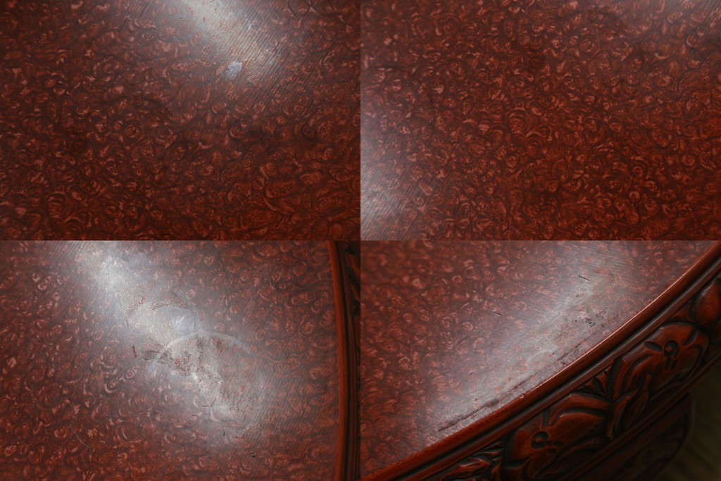 和製アンティーク　民芸家具　朱塗り　細やかな彫刻が目を引くアクセントになる円卓　(R-078104)