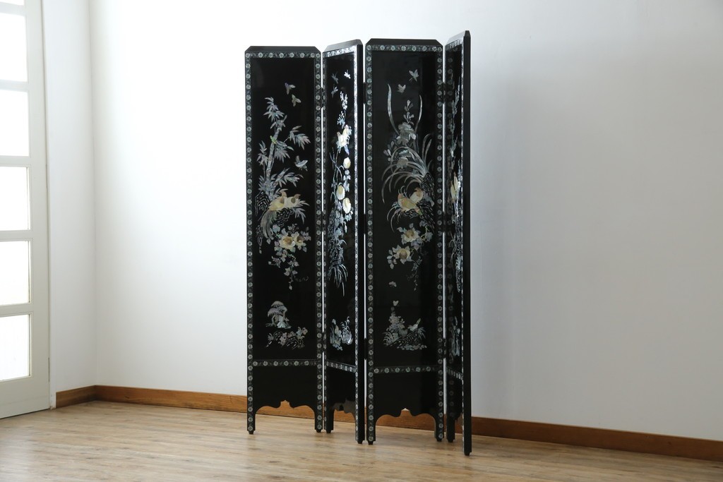 アジアンビンテージ　韓国　花鳥図の螺鈿(ラデン)細工が美しい4連衝立て　定価約120万円　(R-078123)