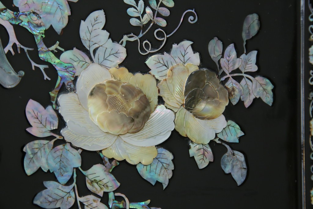 アジアンビンテージ　韓国　花鳥図の螺鈿(ラデン)細工が美しい4連衝立て　定価約120万円　(R-078123)