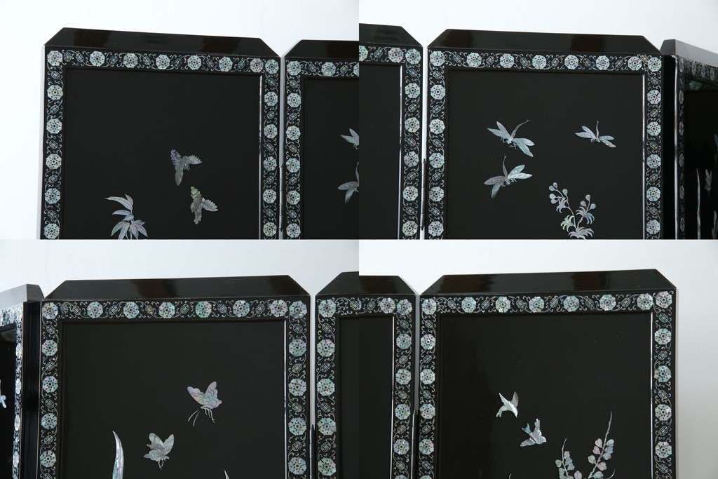アジアンビンテージ　韓国　花鳥図の螺鈿(ラデン)細工が美しい4連衝立て　定価約120万円　(R-078123)