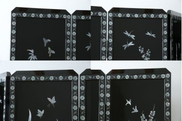 アジアンビンテージ　韓国　花鳥図の螺鈿(ラデン)細工が美しい4連衝立て　定価約120万円　(R-078123)
