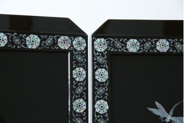 アジアンビンテージ　韓国　花鳥図の螺鈿(ラデン)細工が美しい4連衝立て　定価約120万円　(R-078123)