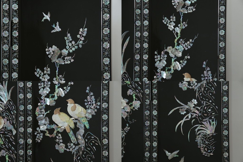 アジアンビンテージ　韓国　花鳥図の螺鈿(ラデン)細工が美しい4連衝立て　定価約120万円　(R-078123)