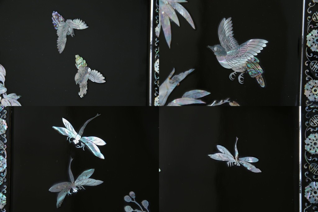 アジアンビンテージ　韓国　花鳥図の螺鈿(ラデン)細工が美しい4連衝立て　定価約120万円　(R-078123)