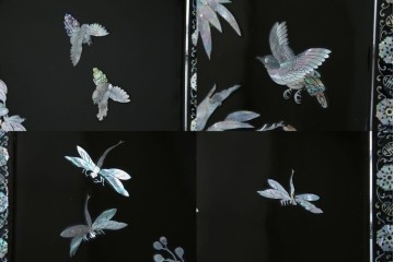 アジアンビンテージ　韓国　花鳥図の螺鈿(ラデン)細工が美しい4連衝立て　定価約120万円　(R-078123)