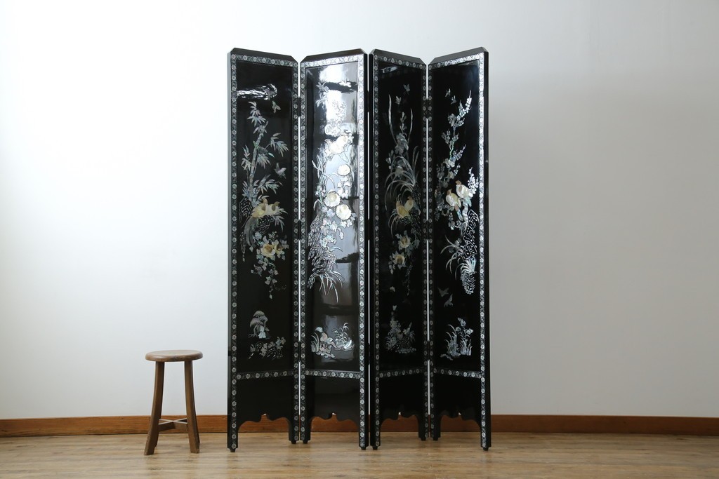 アジアンビンテージ　韓国　花鳥図の螺鈿(ラデン)細工が美しい4連衝立て　定価約120万円　(R-078123)