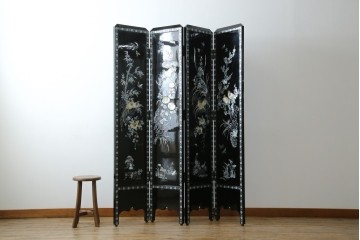 アジアンビンテージ　韓国　花鳥図の螺鈿(ラデン)細工が美しい4連衝立て　定価約120万円　(R-078123)