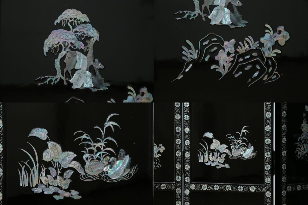 アジアンビンテージ　韓国　花鳥図の螺鈿(ラデン)細工が美しい4連衝立て　定価約120万円　(R-078123)